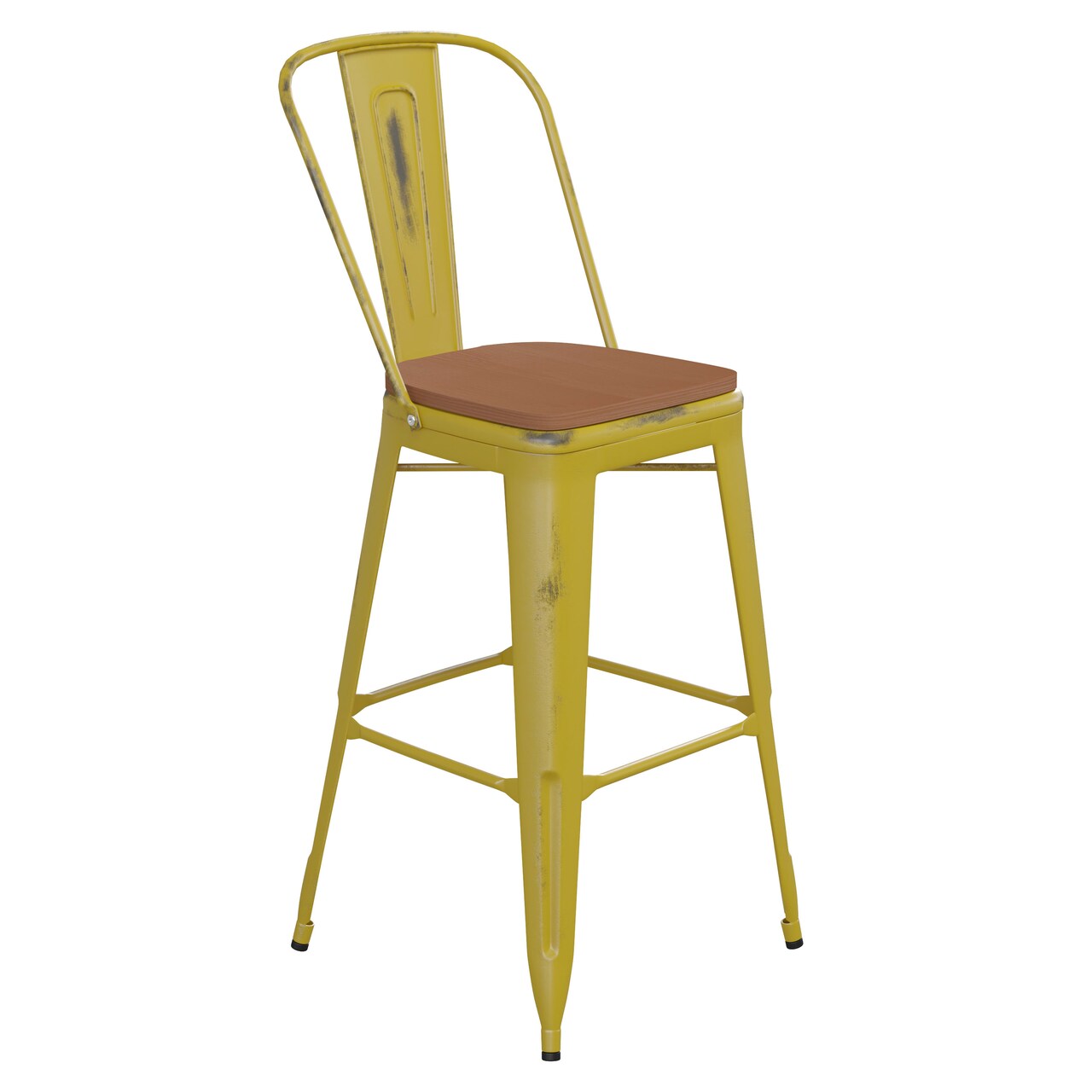 Emma and Oliver Nova Distressed Metal Stools with Backs and Polystyrene Seats for Indoor/Outdoor Use